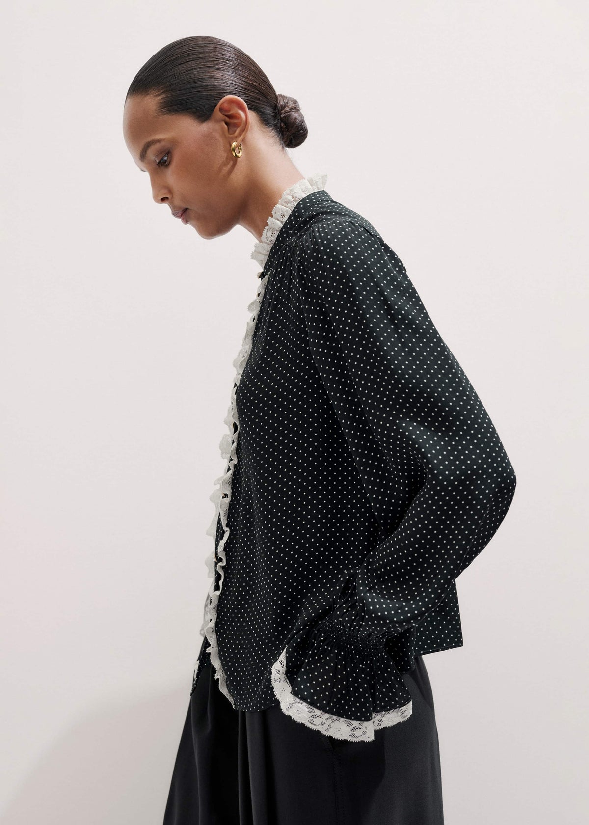 ME+EM Black Micro Polka Dot And Lace Blouse