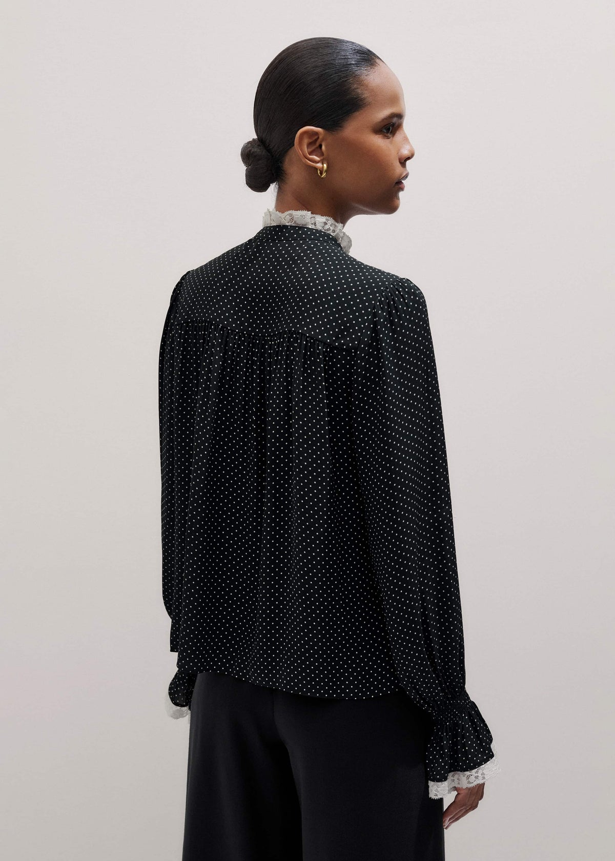 ME+EM Black Micro Polka Dot And Lace Blouse