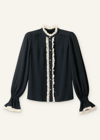 ME+EM Black Micro Polka Dot And Lace Blouse