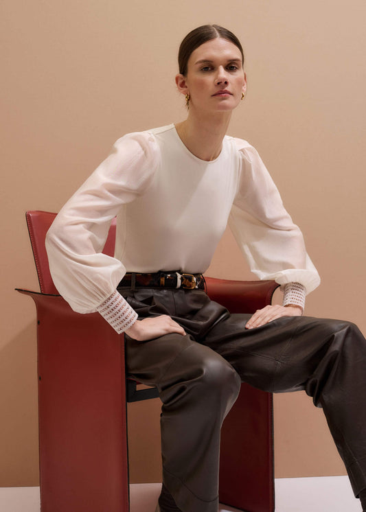 ME+EM Cream Sheer Mixed Media Layering Blouse