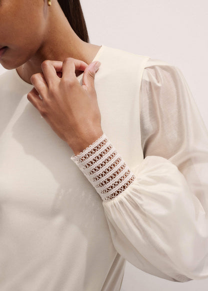ME+EM Cream Sheer Mixed Media Layering Blouse