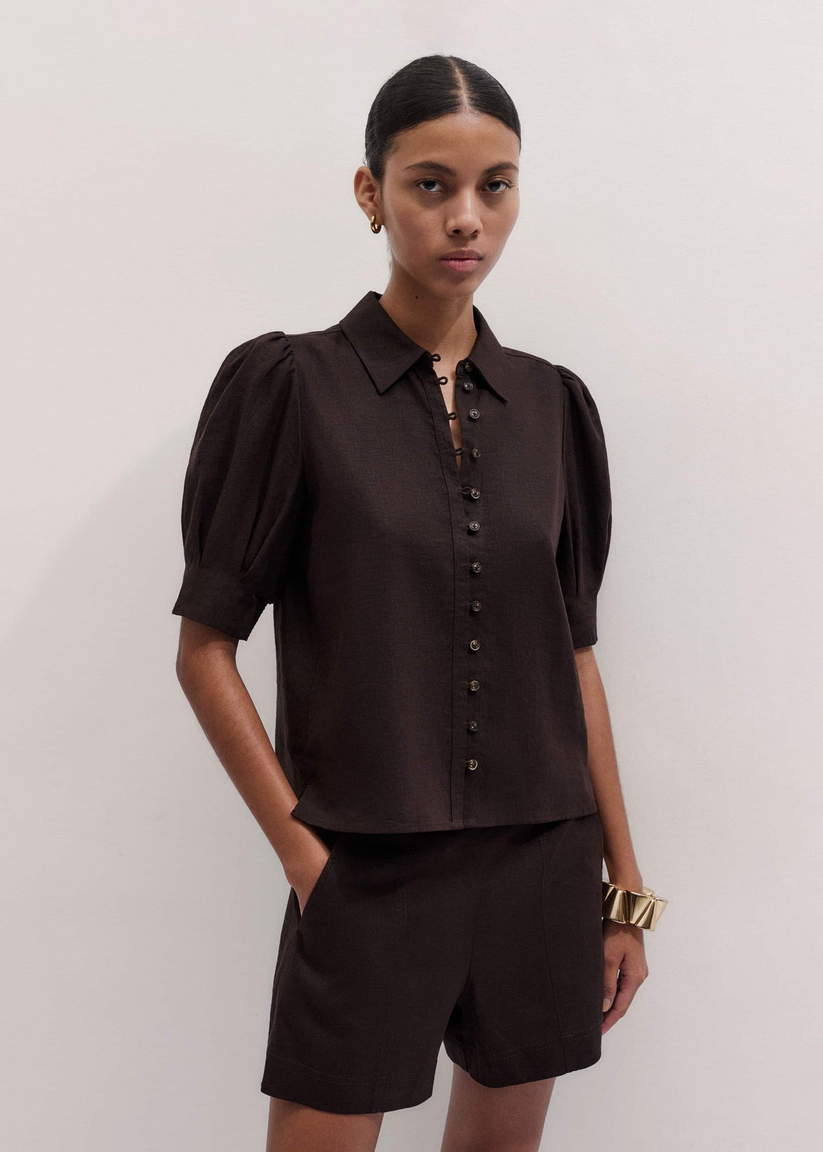 ME+EM Brown Feminine Sleeve Blouse