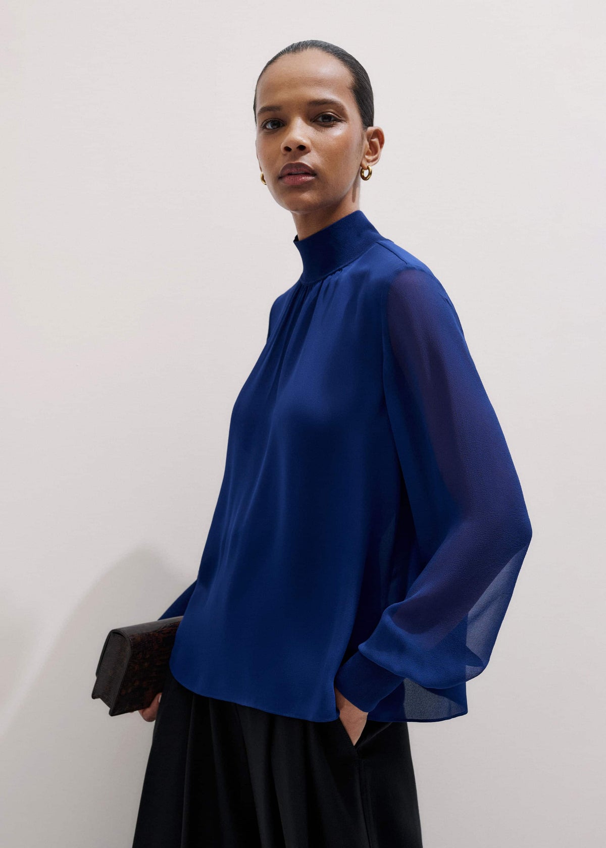 ME+EM Blue Silk Chic Rib Straight Blouse
