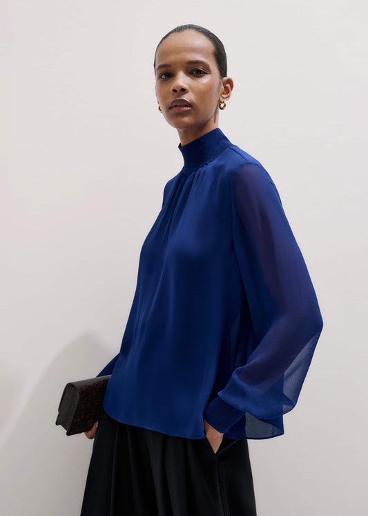 ME+EM Blue Silk Chic Rib Straight Blouse