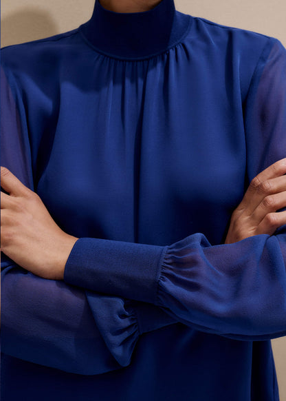 ME+EM Blue Silk Chic Rib Straight Blouse