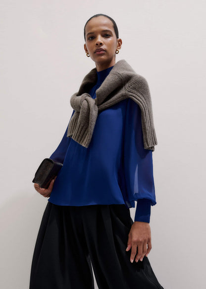 ME+EM Blue Silk Chic Rib Straight Blouse