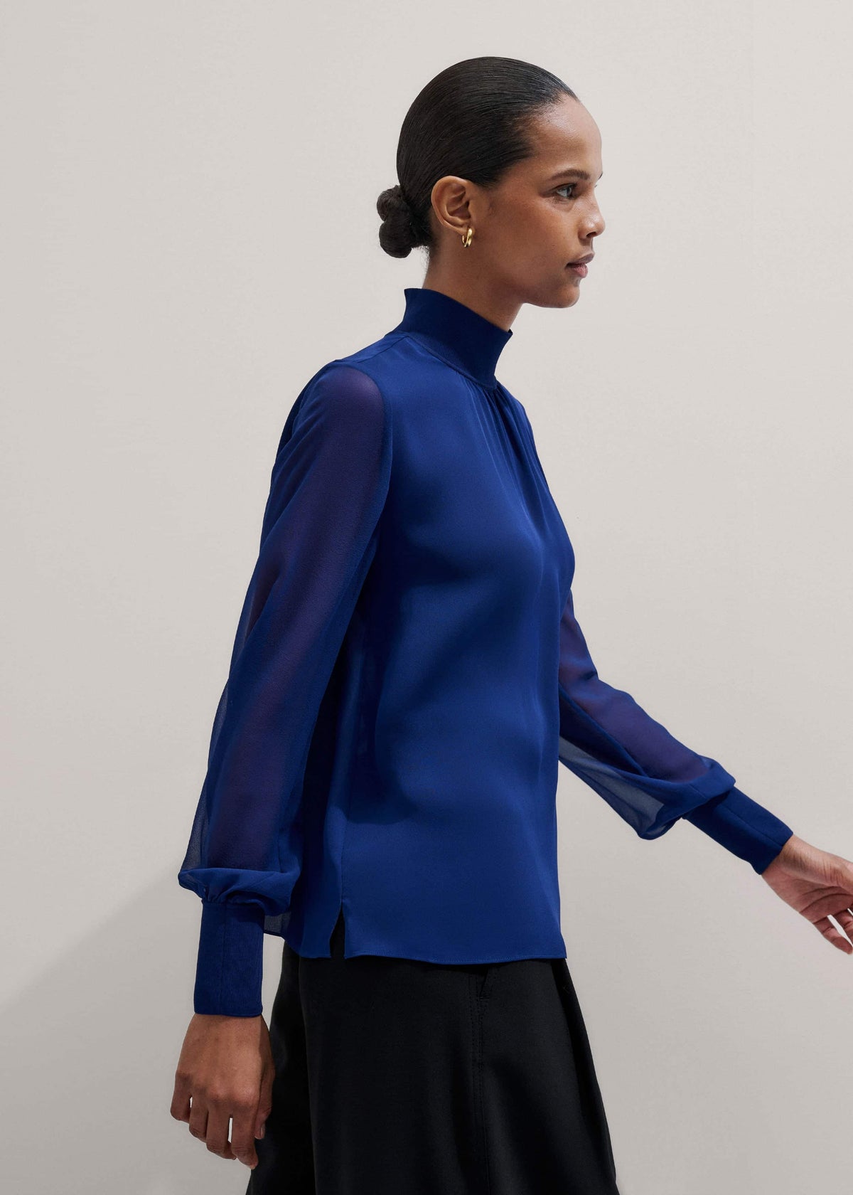 ME+EM Blue Silk Chic Rib Straight Blouse