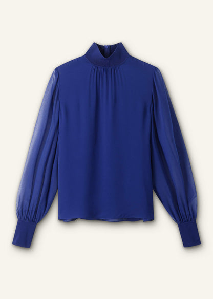 ME+EM Blue Silk Chic Rib Straight Blouse