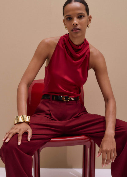 ME+EM Red Silk Satin Halterneck Sleeveless Top