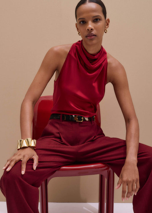 ME+EM Red Silk Satin Halterneck Sleeveless Top