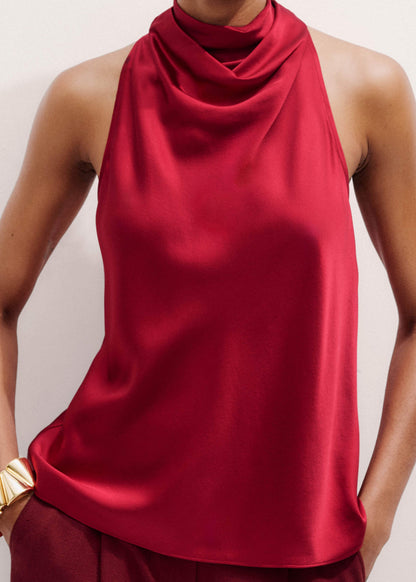 ME+EM Red Silk Satin Halterneck Sleeveless Top