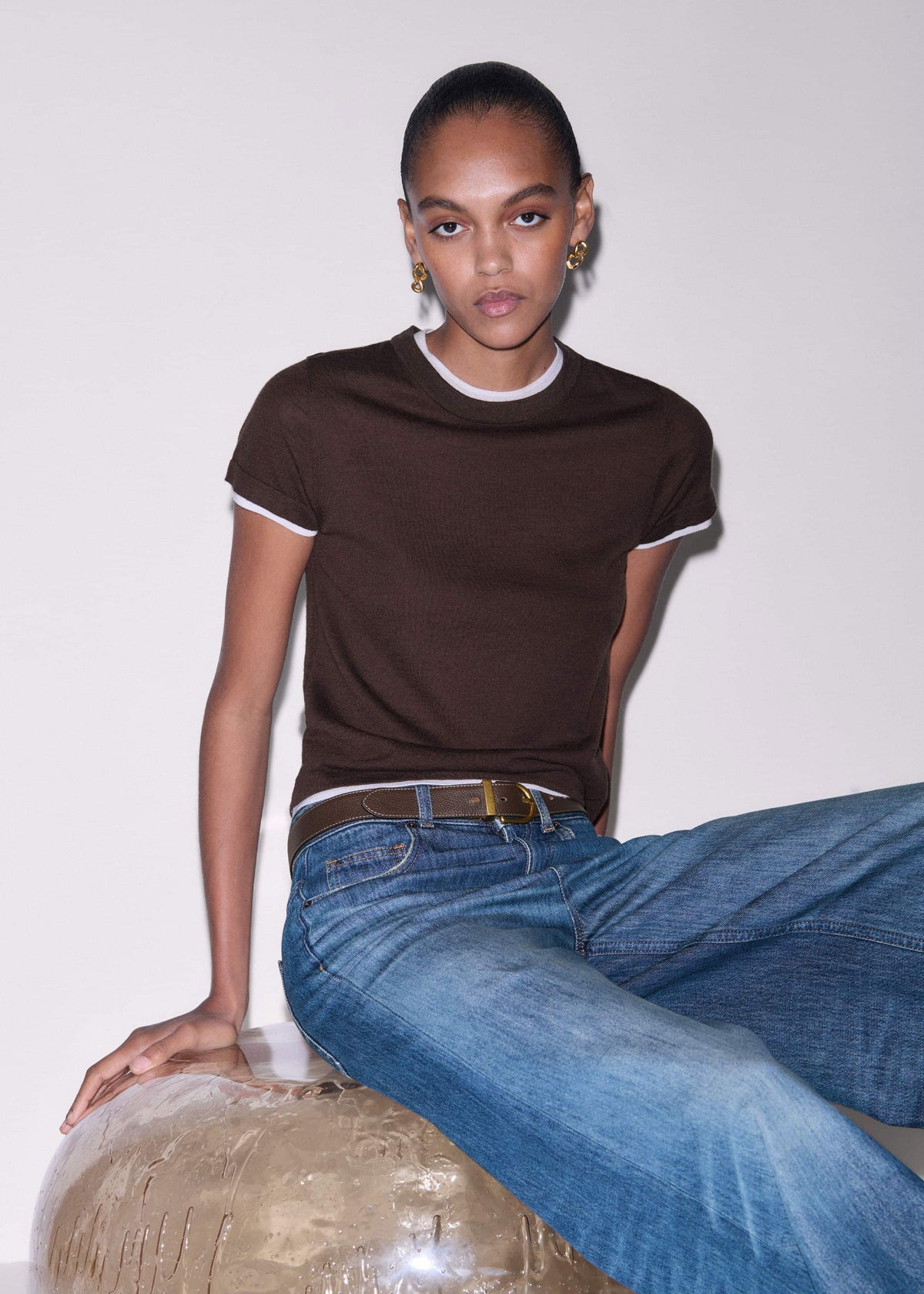 ME+EM Brown Barely There Contrast Trim Knit Baby Tee