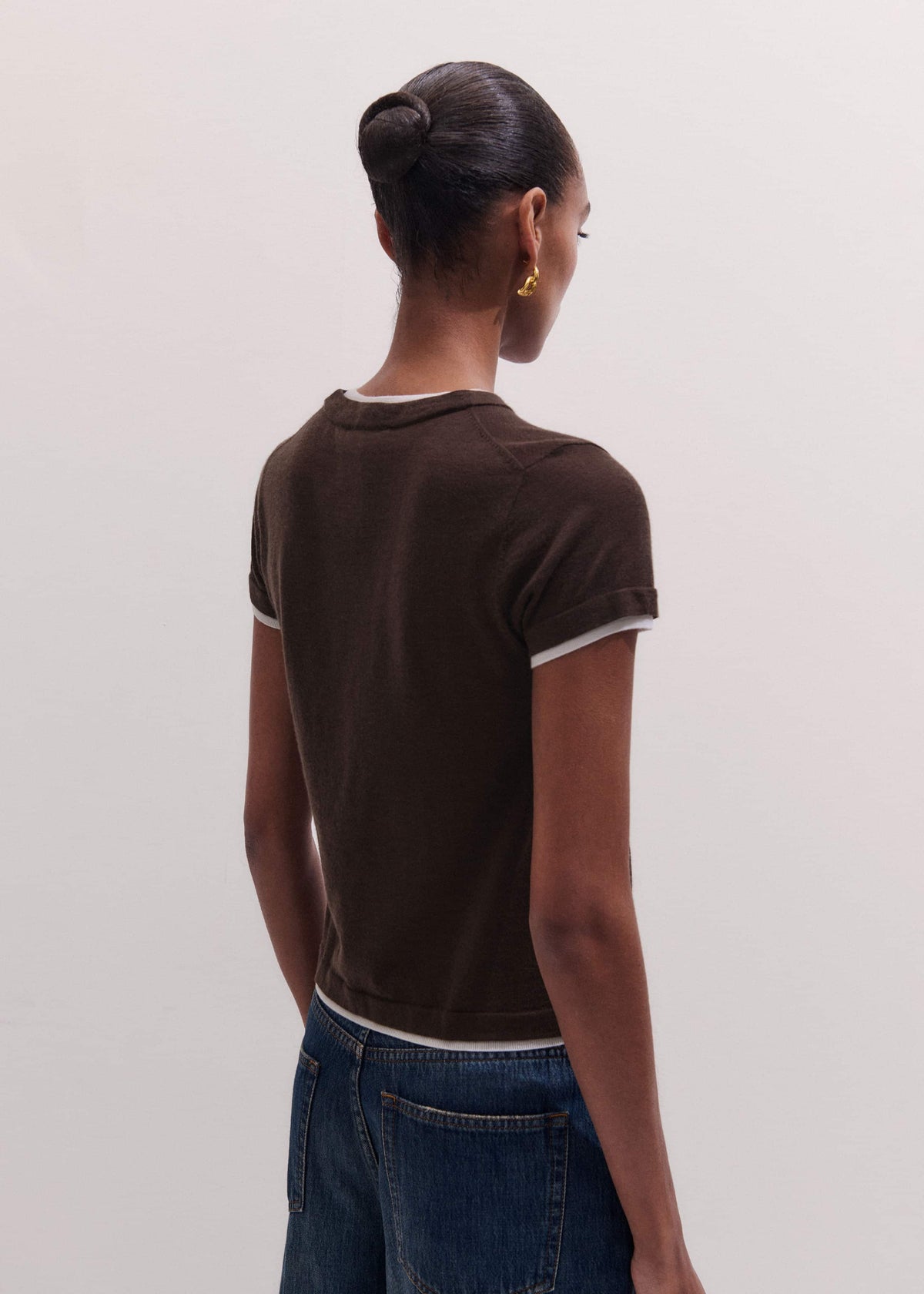 ME+EM Brown Barely There Contrast Trim Knit Baby Tee