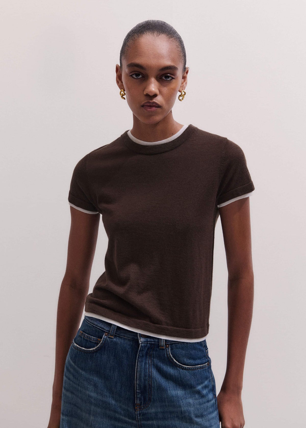 ME+EM Brown Barely There Contrast Trim Knit Baby Tee