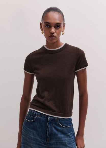 ME+EM Brown Barely There Contrast Trim Knit Baby Tee