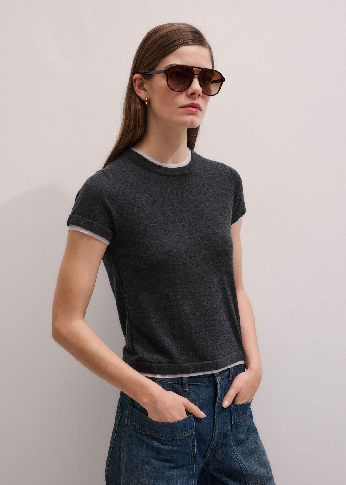 ME+EM Grey Barely There Contrast Trim Knit Baby Tee