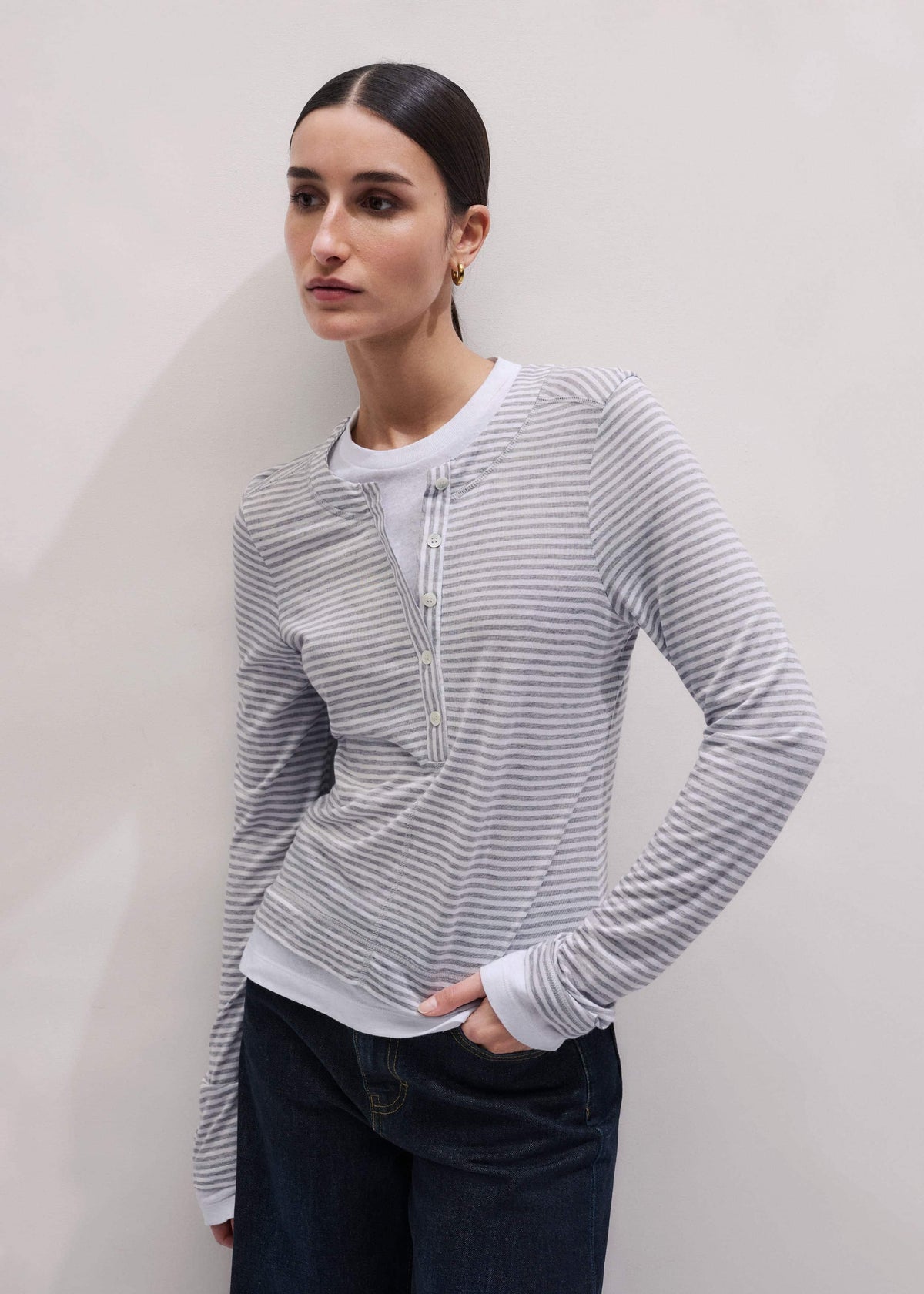ME+EM Gray Double-Layer Look Long Sleeve Top