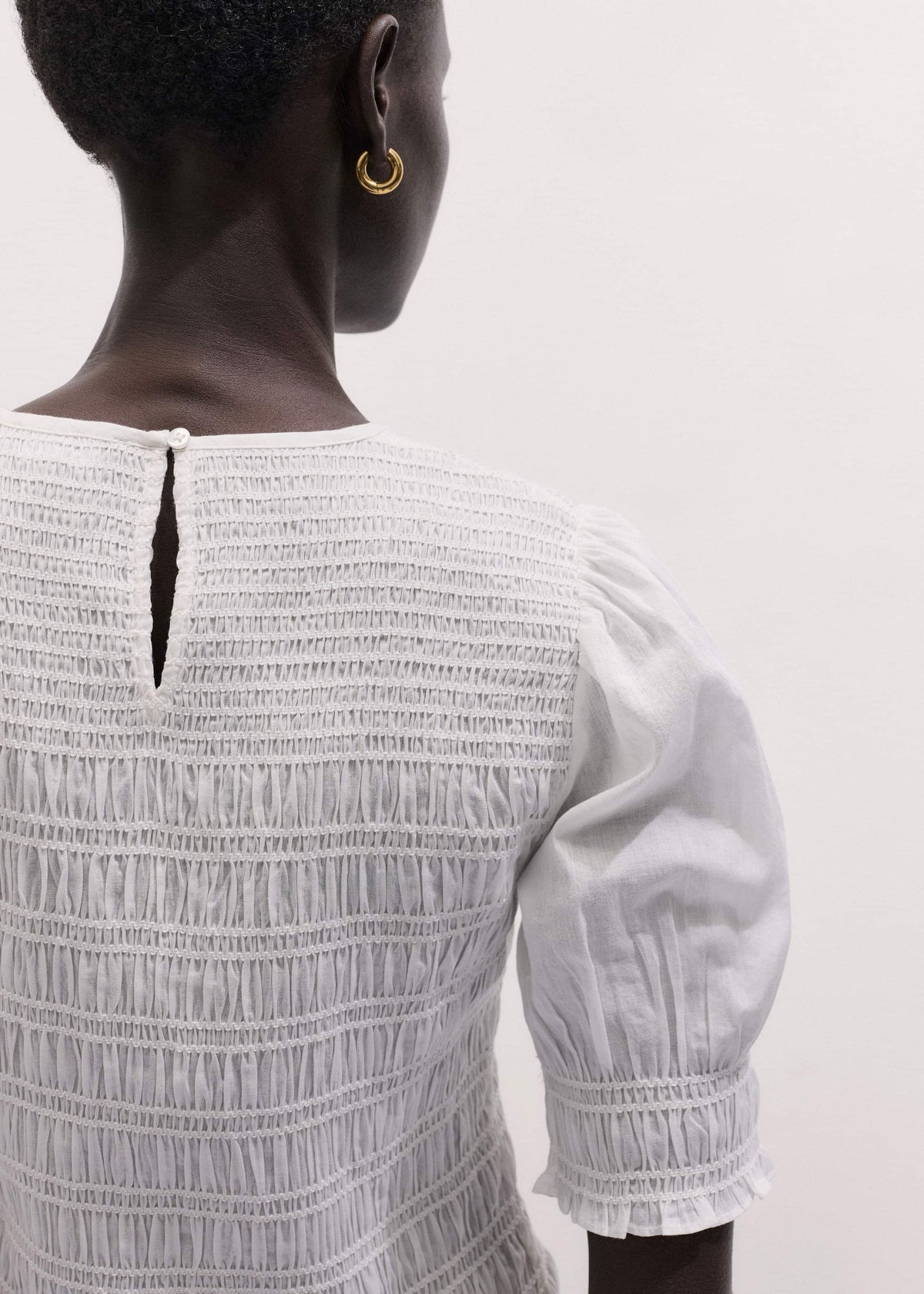 ME+EM White Soft Cotton Contrast Stitch Smocked Day Top