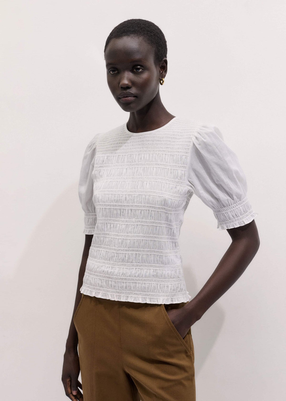 ME+EM White Soft Cotton Contrast Stitch Smocked Day Top