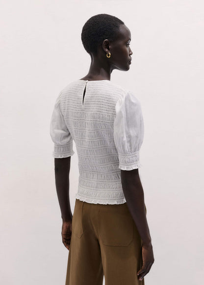 ME+EM White Soft Cotton Contrast Stitch Smocked Day Top