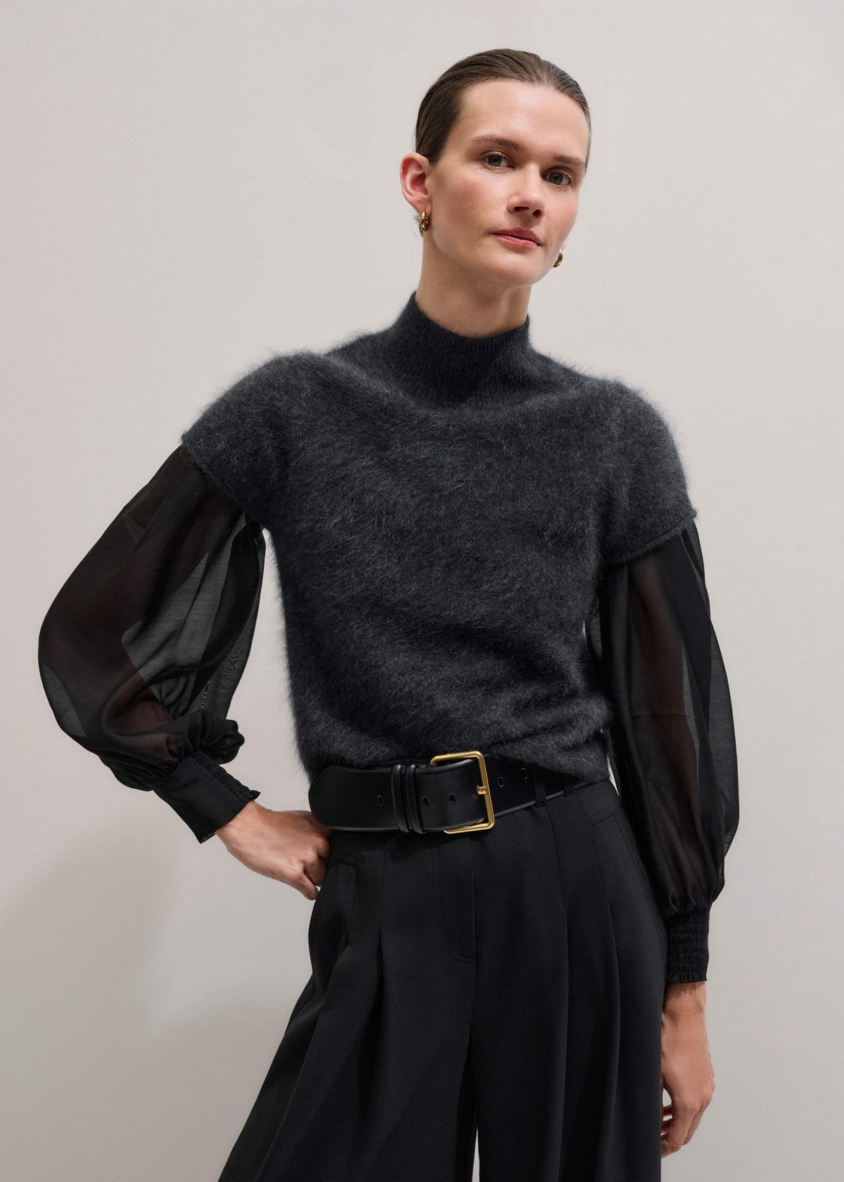 ME+EM Black Balloon Sleeve Slim Layering Top