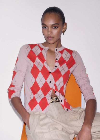 ME+EM Pink Fine Argyle Slim Knit Cardigan