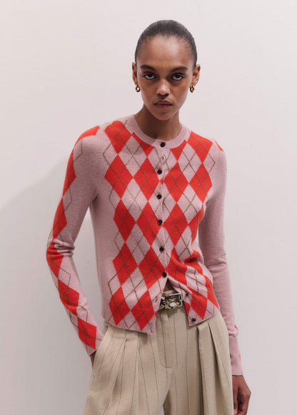 ME+EM Pink Fine Argyle Slim Knit Cardigan