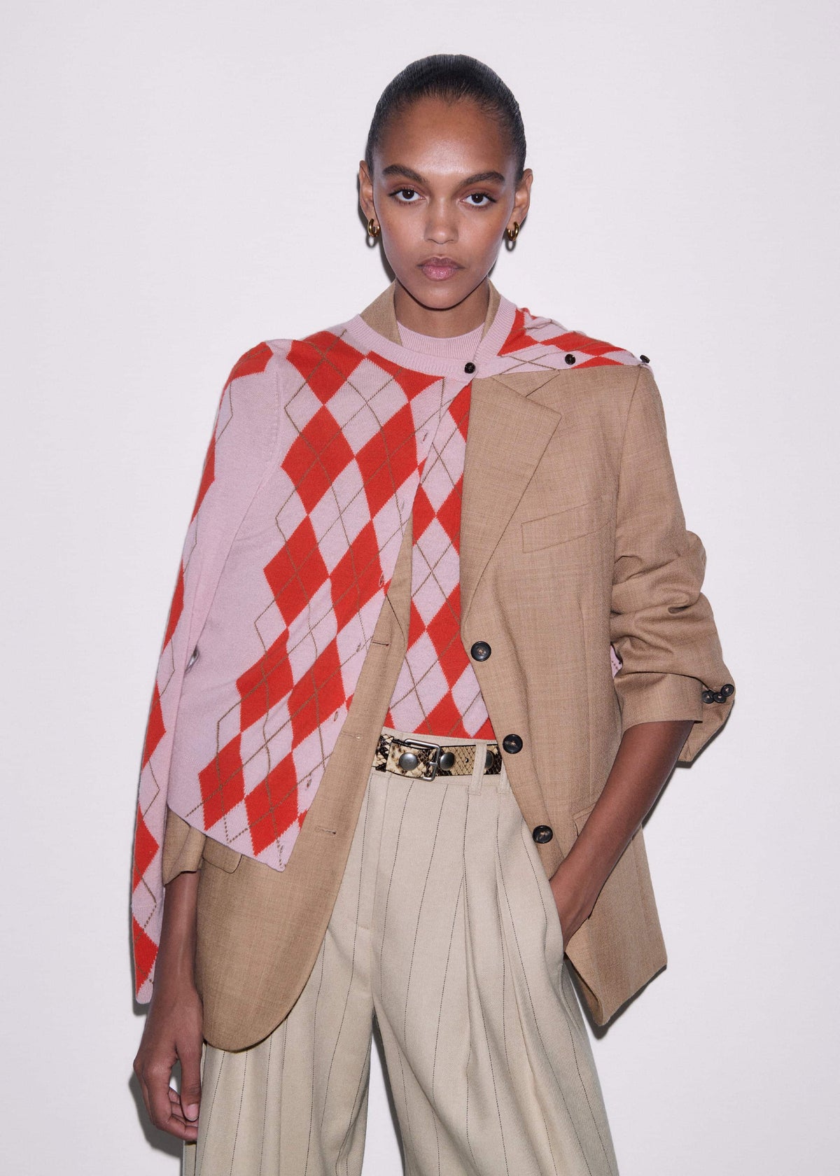 ME+EM Pink Fine Argyle Slim Knit Cardigan