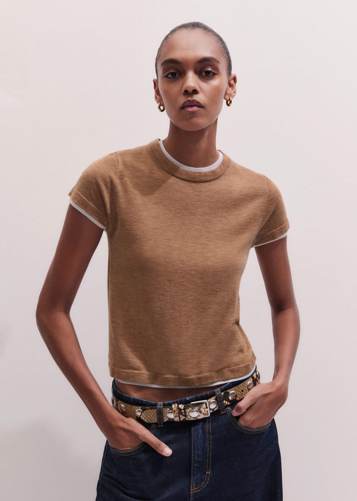 ME+EM Light Brown Barely There Contrast Trim Knit Baby Tee