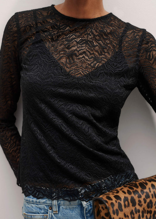 ME+EM Black Lace Crew Neck Top
