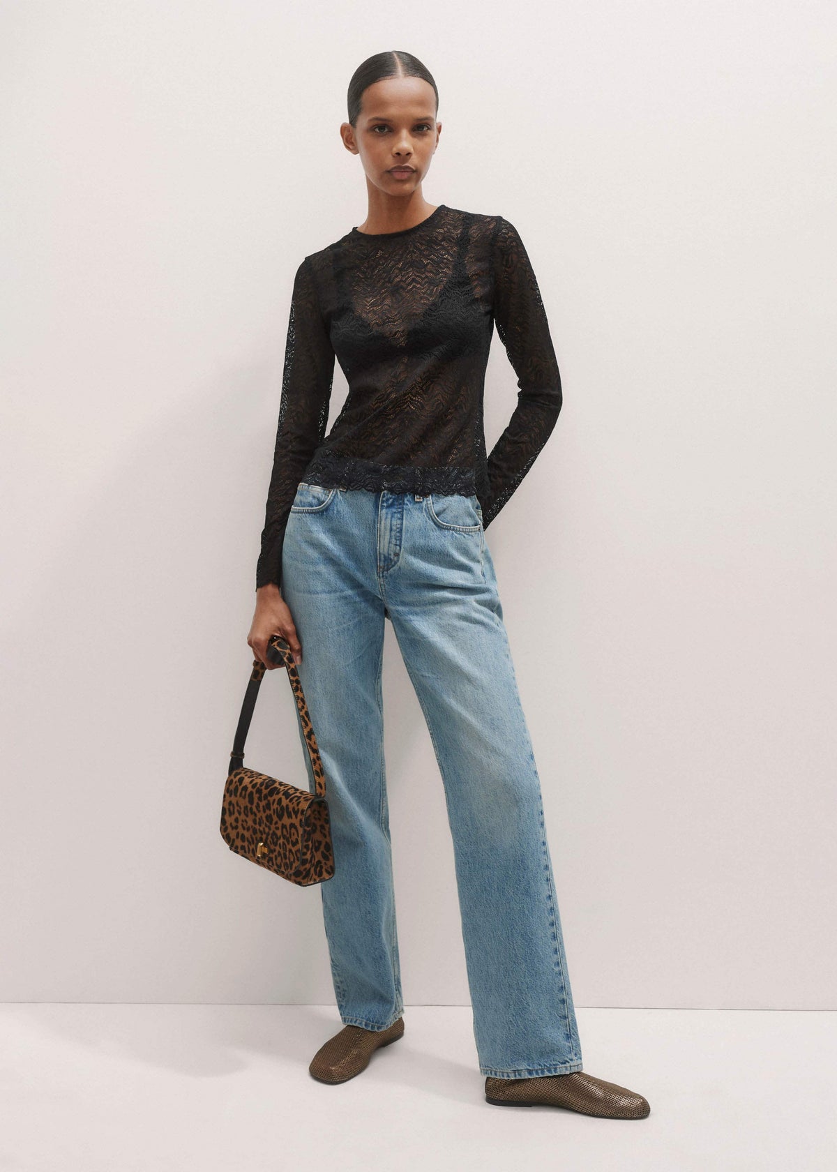 ME+EM Black Lace Crew Neck Top