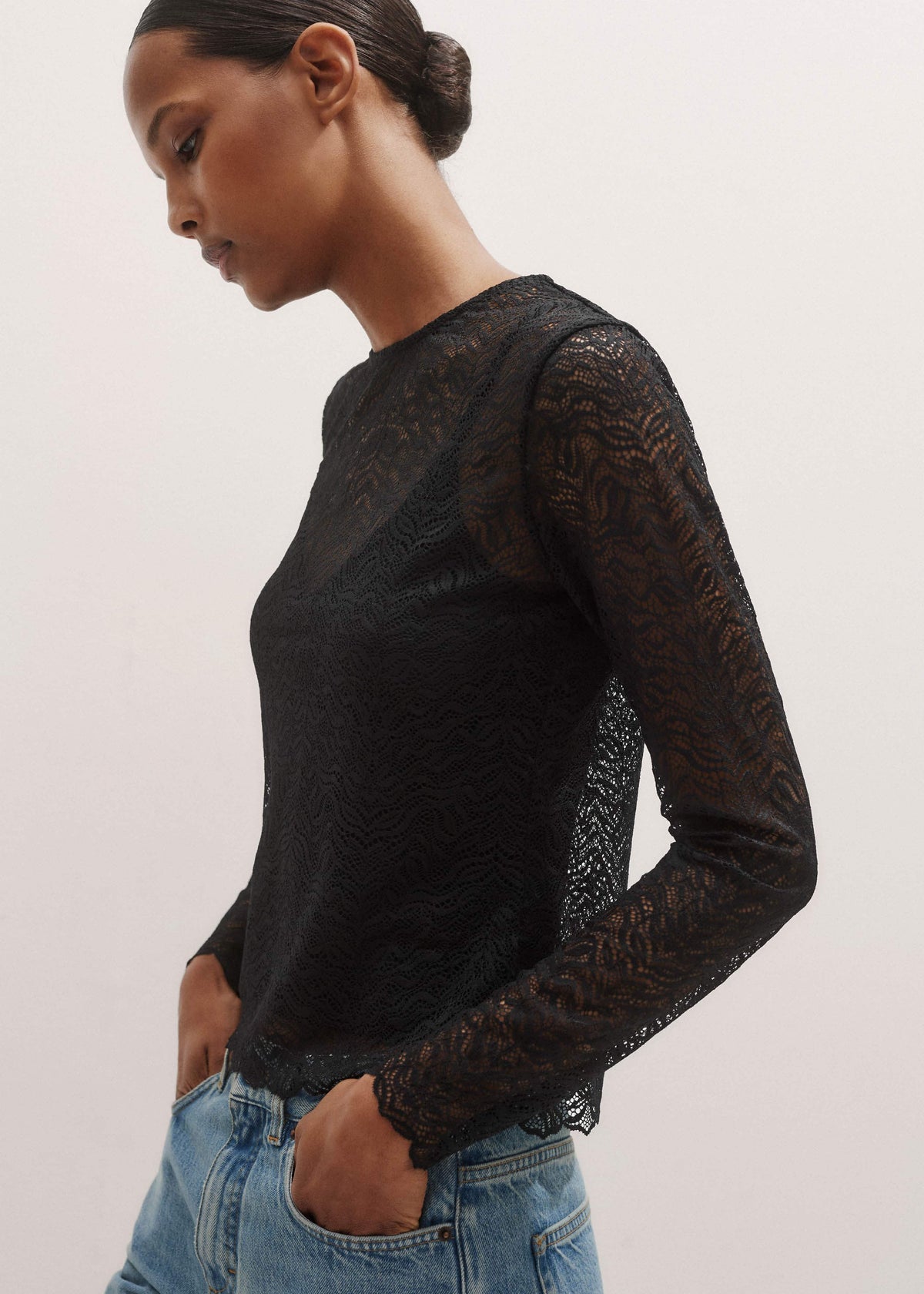 ME+EM Black Lace Crew Neck Top
