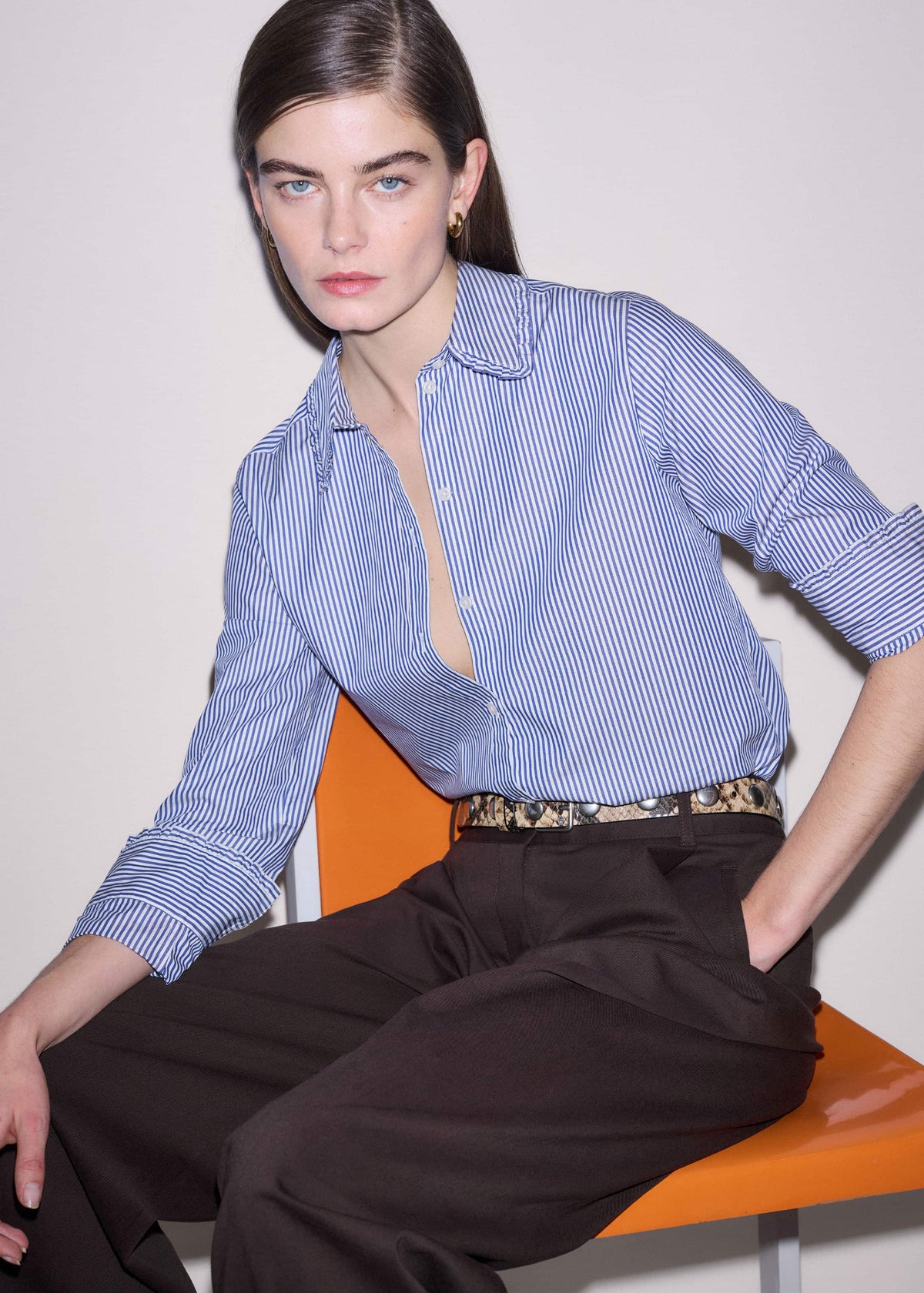 ME+EM Navy Stripe Frill Collar Forever Shirt