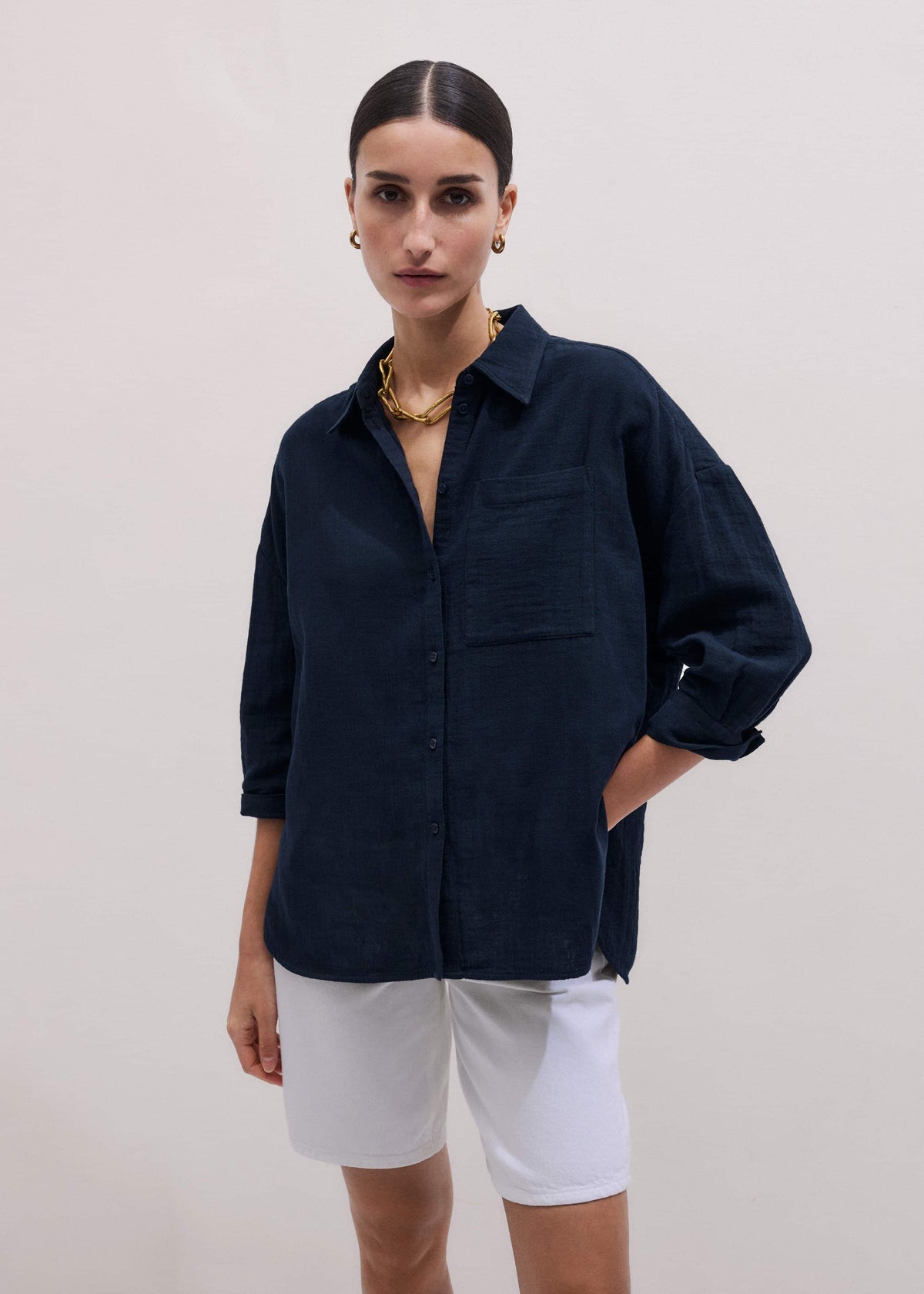 ME+EM Navy Cheesecloth Relaxed Summer Shirt