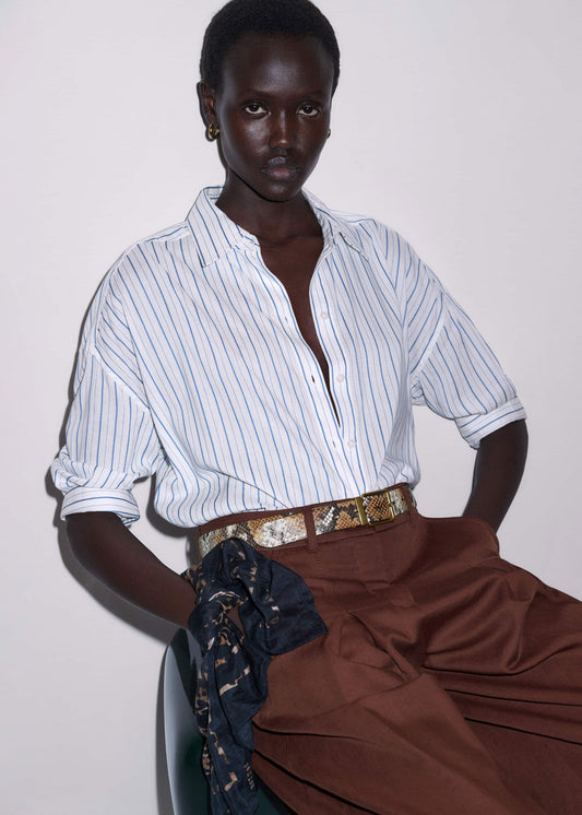 ME+EM Blue Boxy Striped Crop Sleeve Shirt