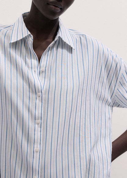 ME+EM Blue Boxy Striped Crop Sleeve Shirt