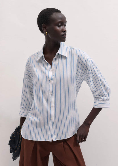 ME+EM Blue Boxy Striped Crop Sleeve Shirt