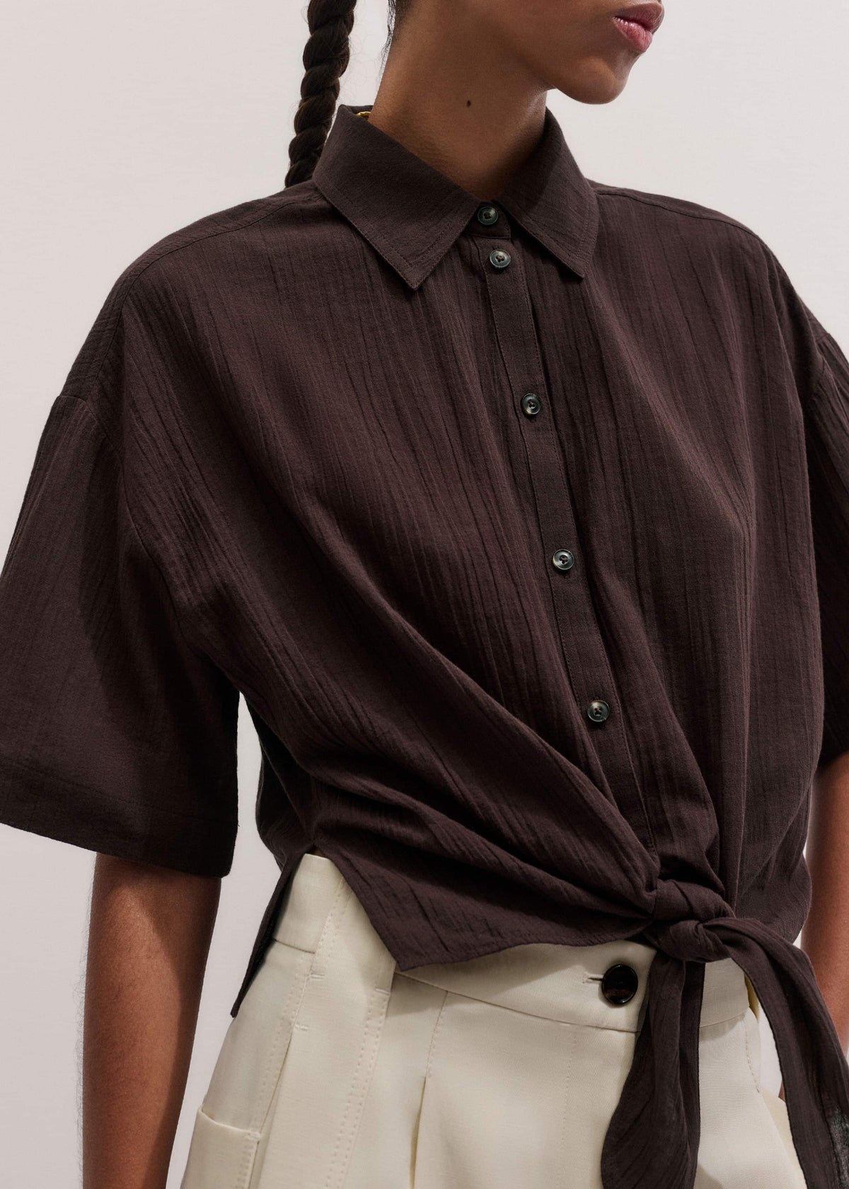 ME+EM Brown Tie Front Beach Shirt