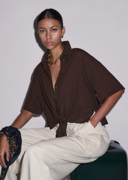 ME+EM Brown Tie Front Beach Shirt