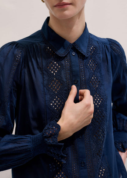 ME+EM Navy Cotton Voile Broderie Detail Shirt