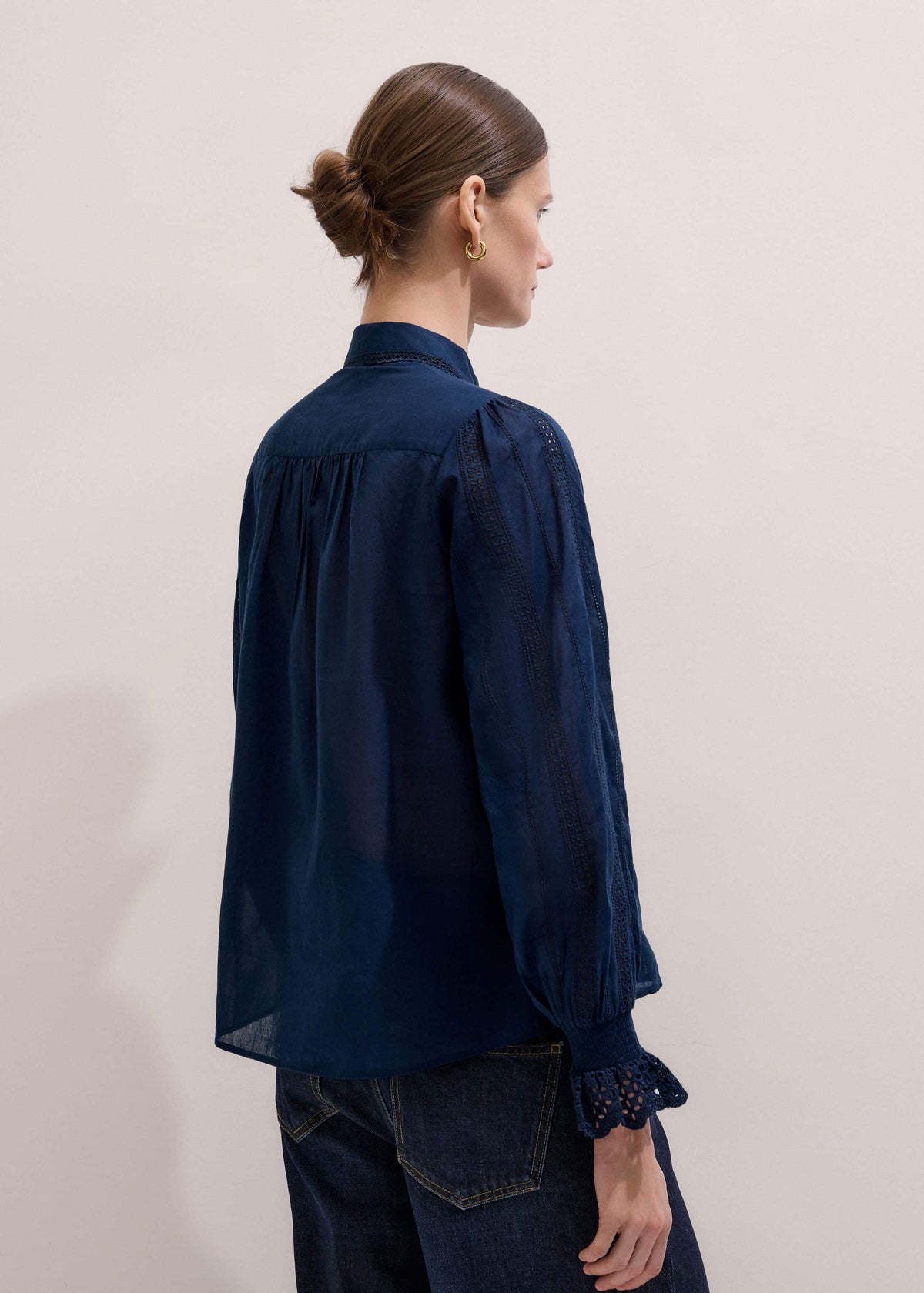 ME+EM Navy Cotton Voile Broderie Detail Shirt