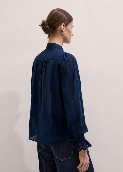 ME+EM Navy Cotton Voile Broderie Detail Shirt