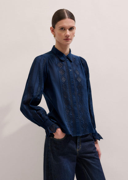 ME+EM Navy Cotton Voile Broderie Detail Shirt