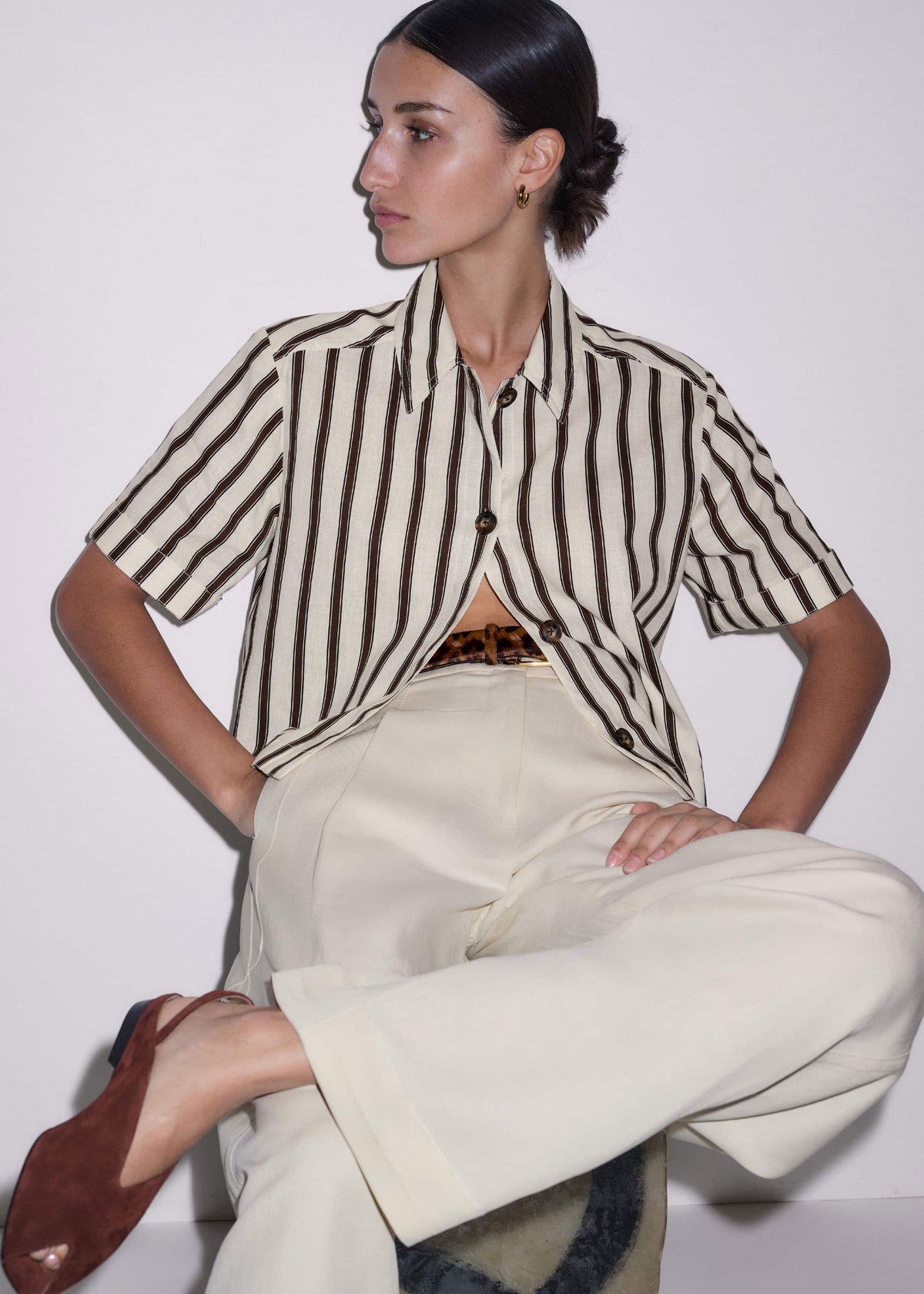 ME+EM Cream Crease-Less Linen Spring Stripe Boxy Cropped Shirt