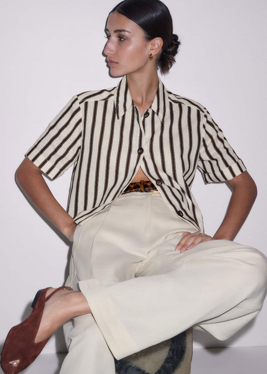 ME+EM Cream Crease-Less Linen Spring Stripe Boxy Cropped Shirt