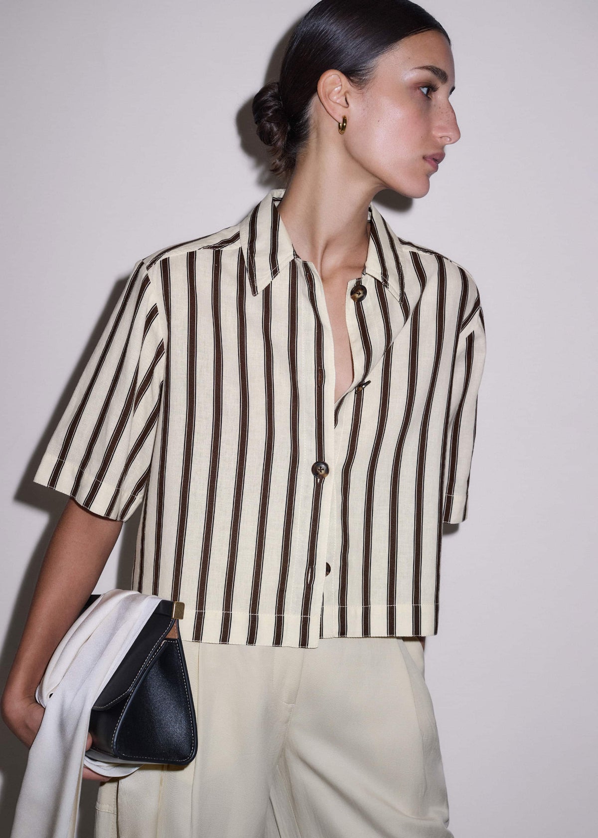 ME+EM Cream Crease-Less Linen Spring Stripe Boxy Cropped Shirt