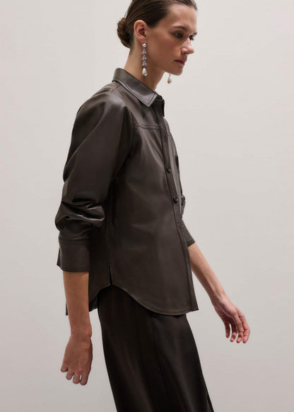 ME+EM Brown Luxe Leather Straight Shirt