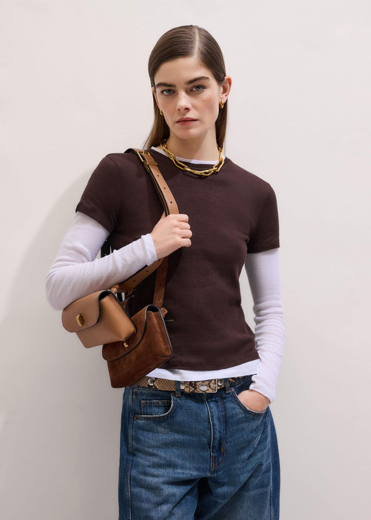ME+EM Brown Sheer Double-Layer Look Top
