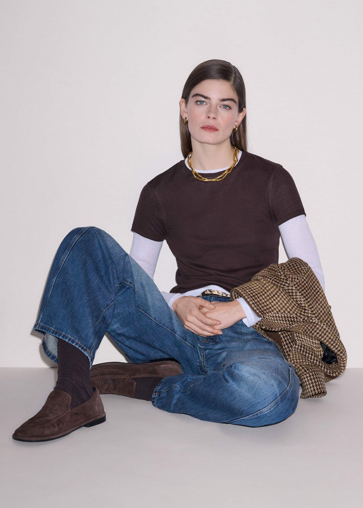 ME+EM Brown Sheer Double-Layer Look Top