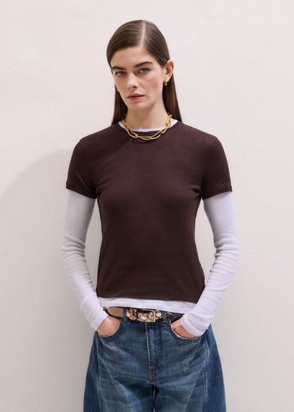 ME+EM Brown Sheer Double-Layer Look Top